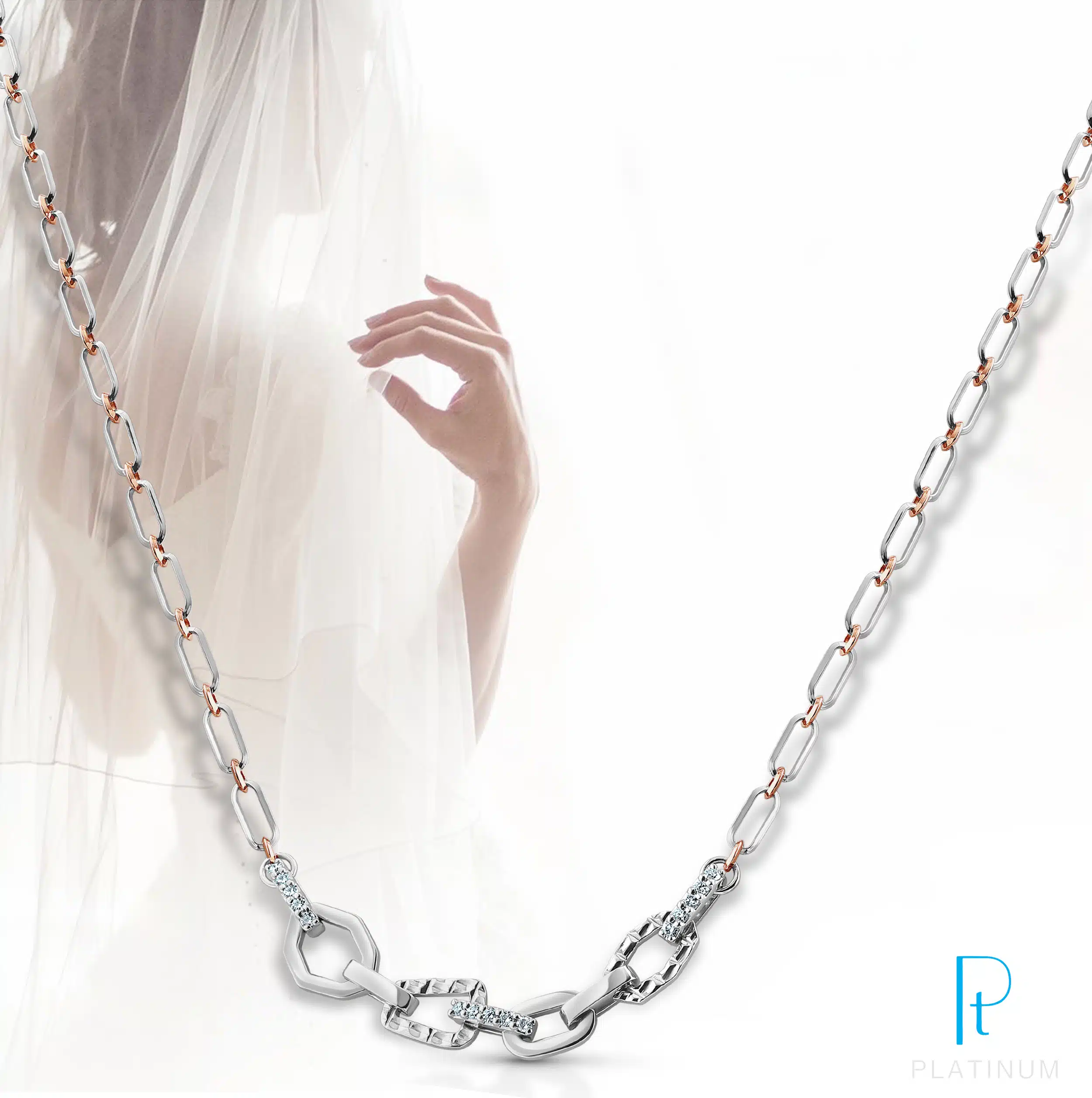 Platinum wedding necklace chain with a female model bride standing in the background. Creative photography & editing by pankaj mathur and team