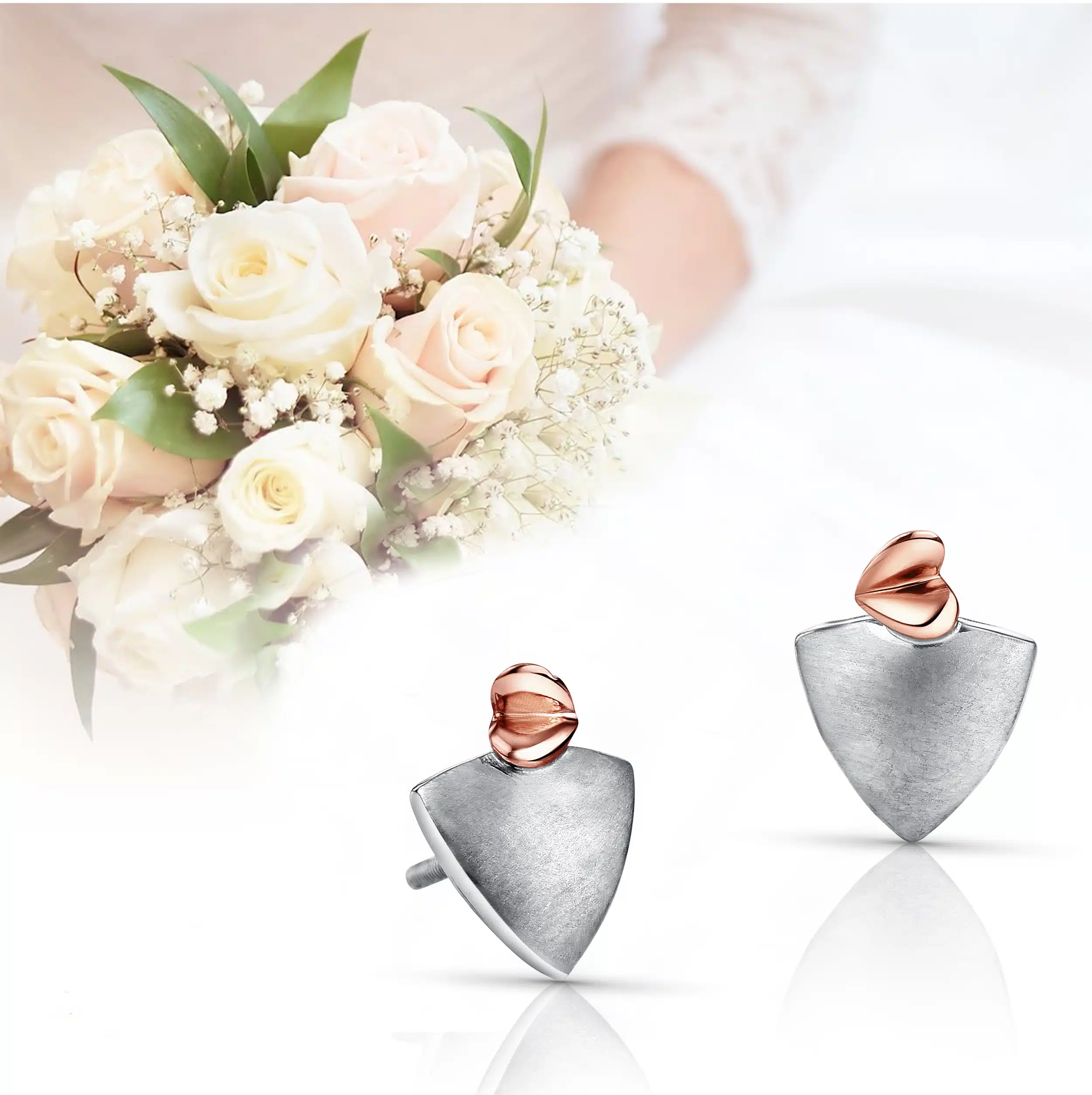 Dual tone platinum and gold ear rings photographed with a female model standing with a flower bouquet