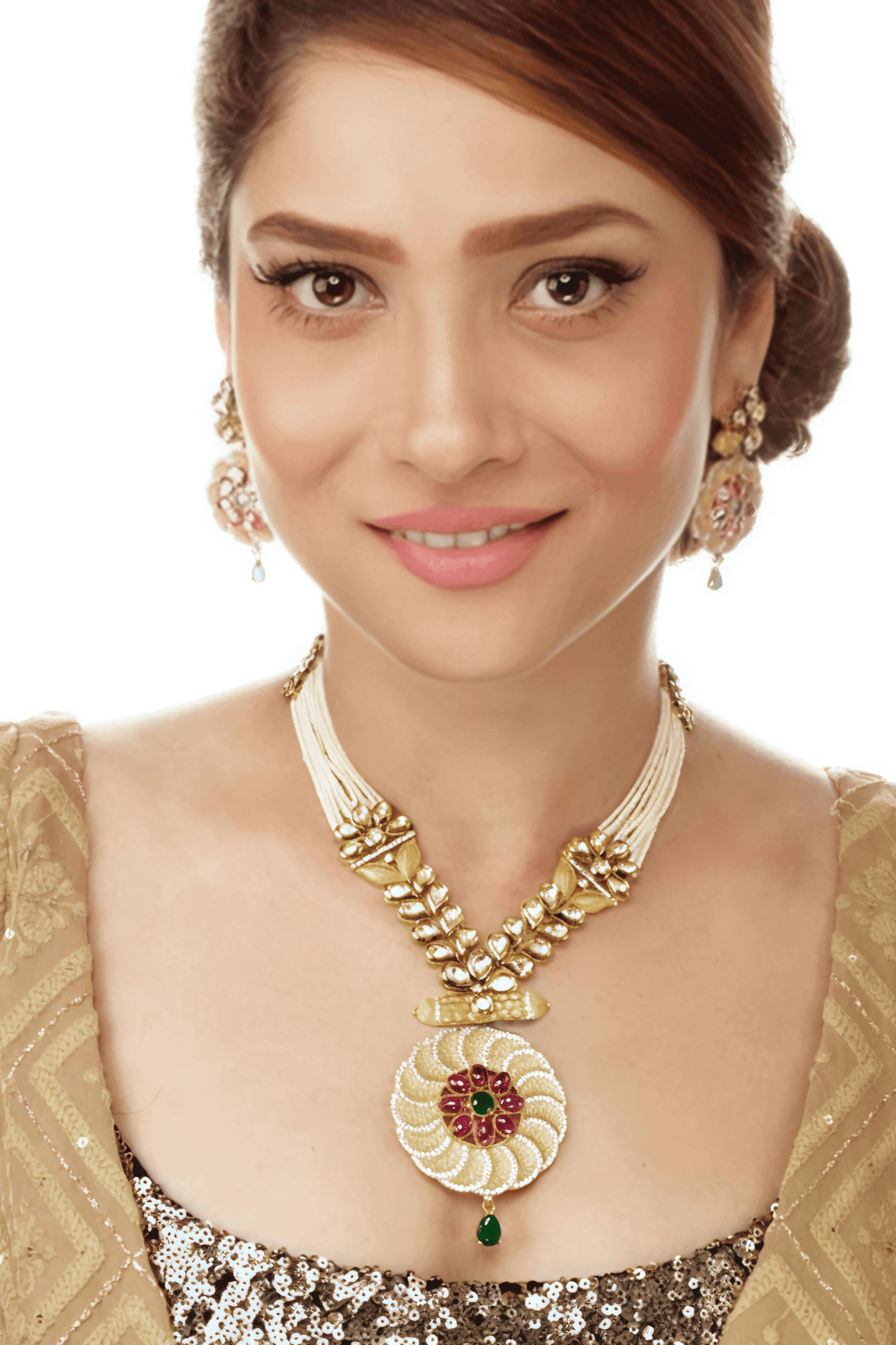 Beautiful indian model wearing diamond studded gold necklace, earrings posing for jewellery photography in mumbai