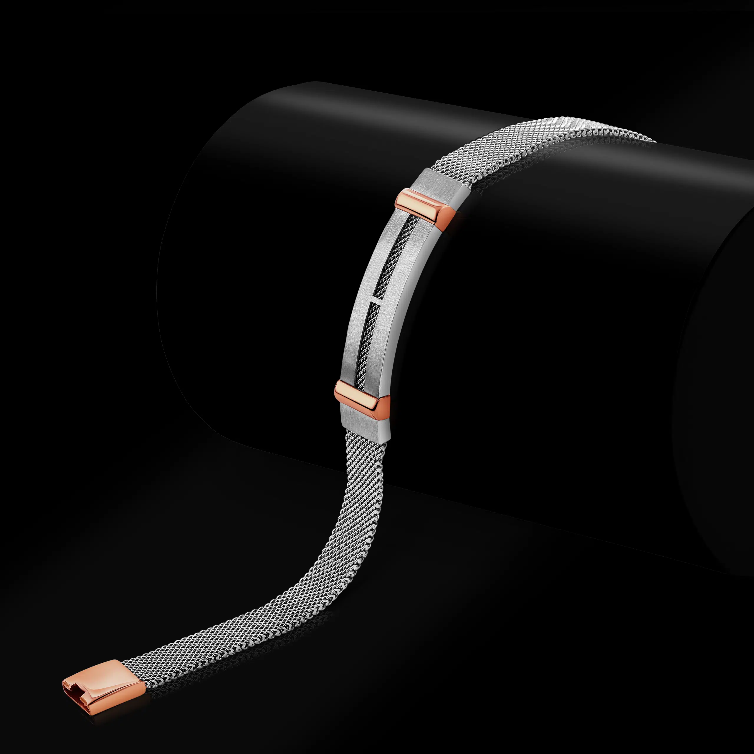 Luxury dual-toned flexible bracelet photographed on black role. Premium products photography in mumbai