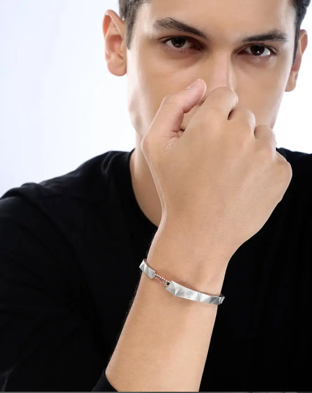 Male model wearing men's jewelry bracelet for a jewelry brand photo studio in mumbai