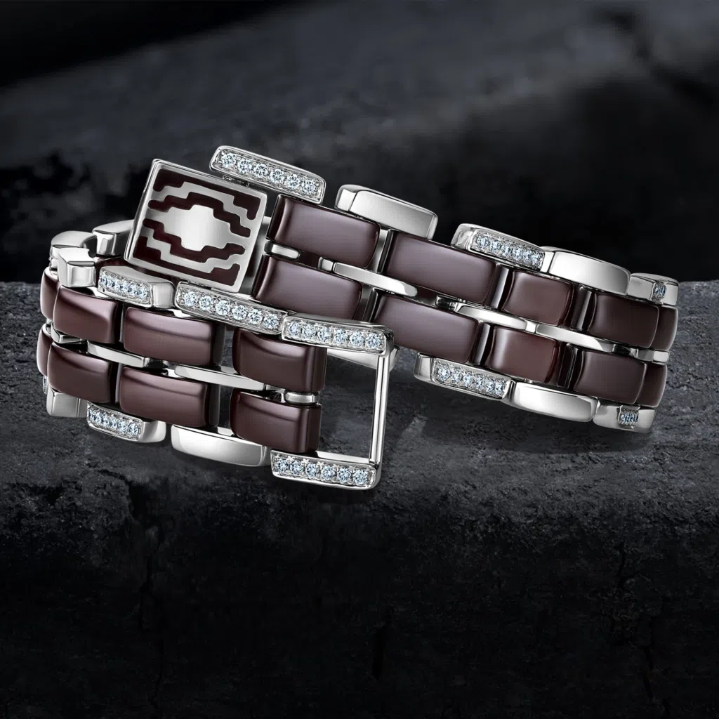 Ceramic, Gold , Diamonds studded Bracelet shot on creative back background