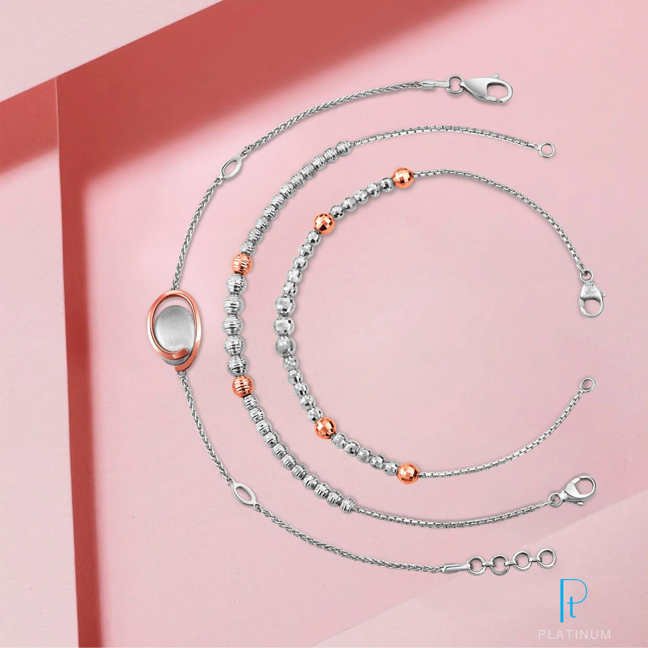 Flexible Platinum, Gold Bracelets for female shot on a creative Pink Background. Concieved , Photographed and edited by Team Pankaj Mathur
